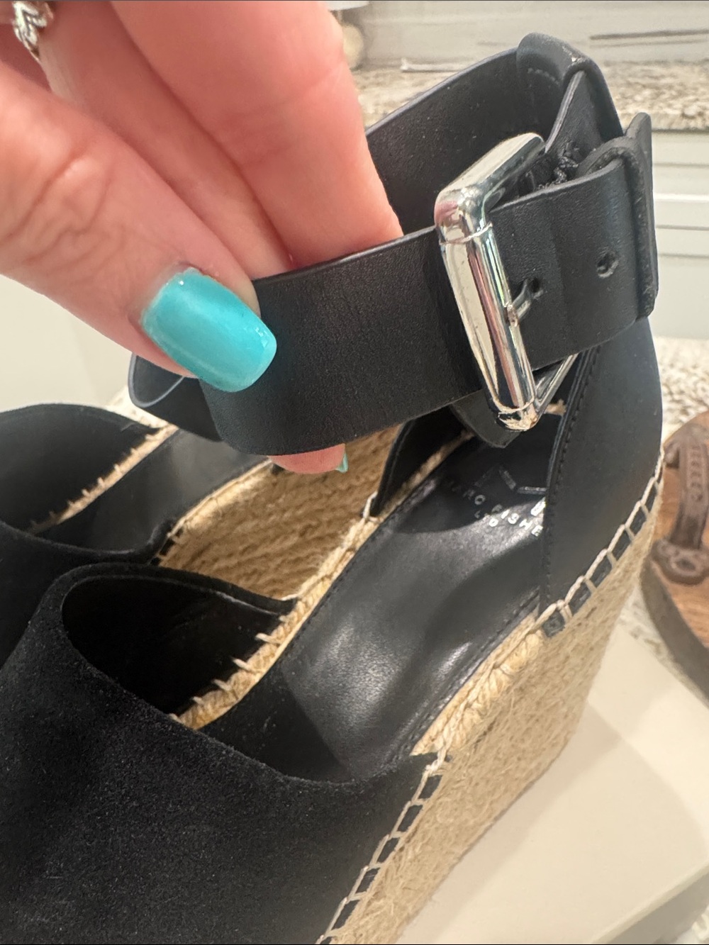 Marc Fisher Black Suede Espadrille Wedge Sandals with Ankle Strap - Picture 4 of 9
